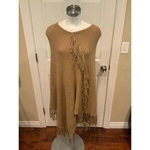 BCBG Max Azria Light Brown Rib Knit Fringe Trim Poncho  Size OS